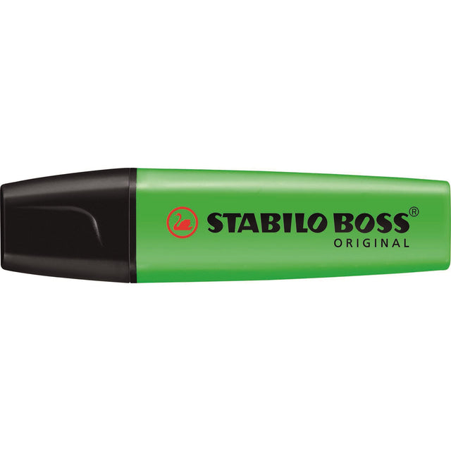 Stabilo Boss Highlighter Green Box with 10 vibrant highlighters, featuring chisel tips for versatile highlighting and 4-hour cap-off time.