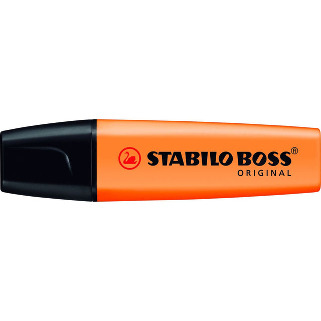 Orange box of 10 Stabilo Boss highlighters featuring chisel tip for versatile highlighting and 4-hour cap-off time.