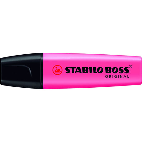 Stabilo Boss Highlighter Pink Box 10, featuring 10 vibrant highlighters with chisel tips for versatile highlighting and precision.