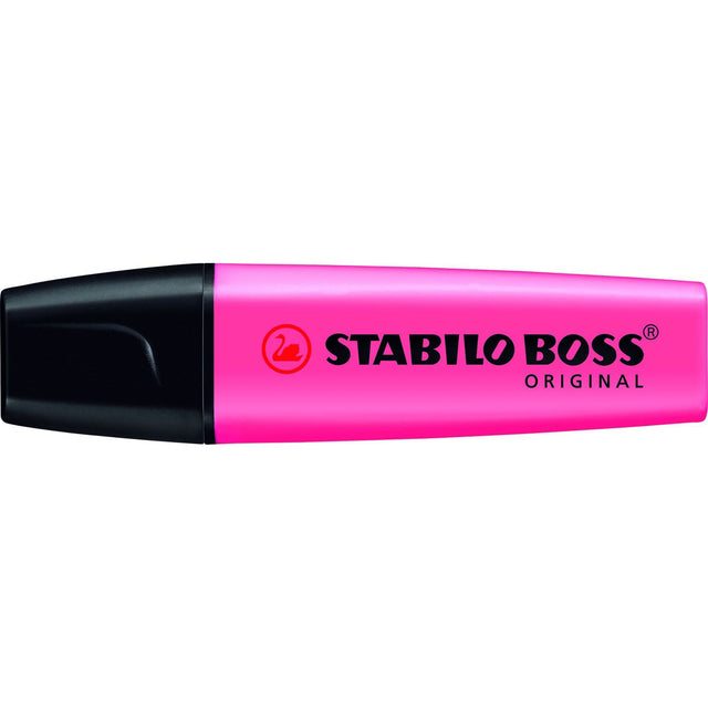 Stabilo Boss Highlighter Pink Box 10, featuring 10 vibrant highlighters with chisel tips for versatile highlighting and precision.