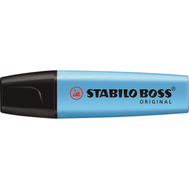 Stabilo Boss Highlighter Blue Box 10 featuring vibrant colors, chisel tip for 2-5mm lines, and 4-hour cap-off time.