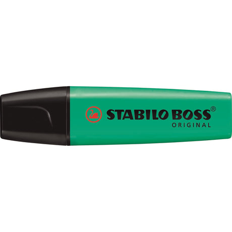 Set of 10 turquoise Stabilo Boss highlighters with chisel tips, perfect for vibrant note highlighting and organizing tasks.