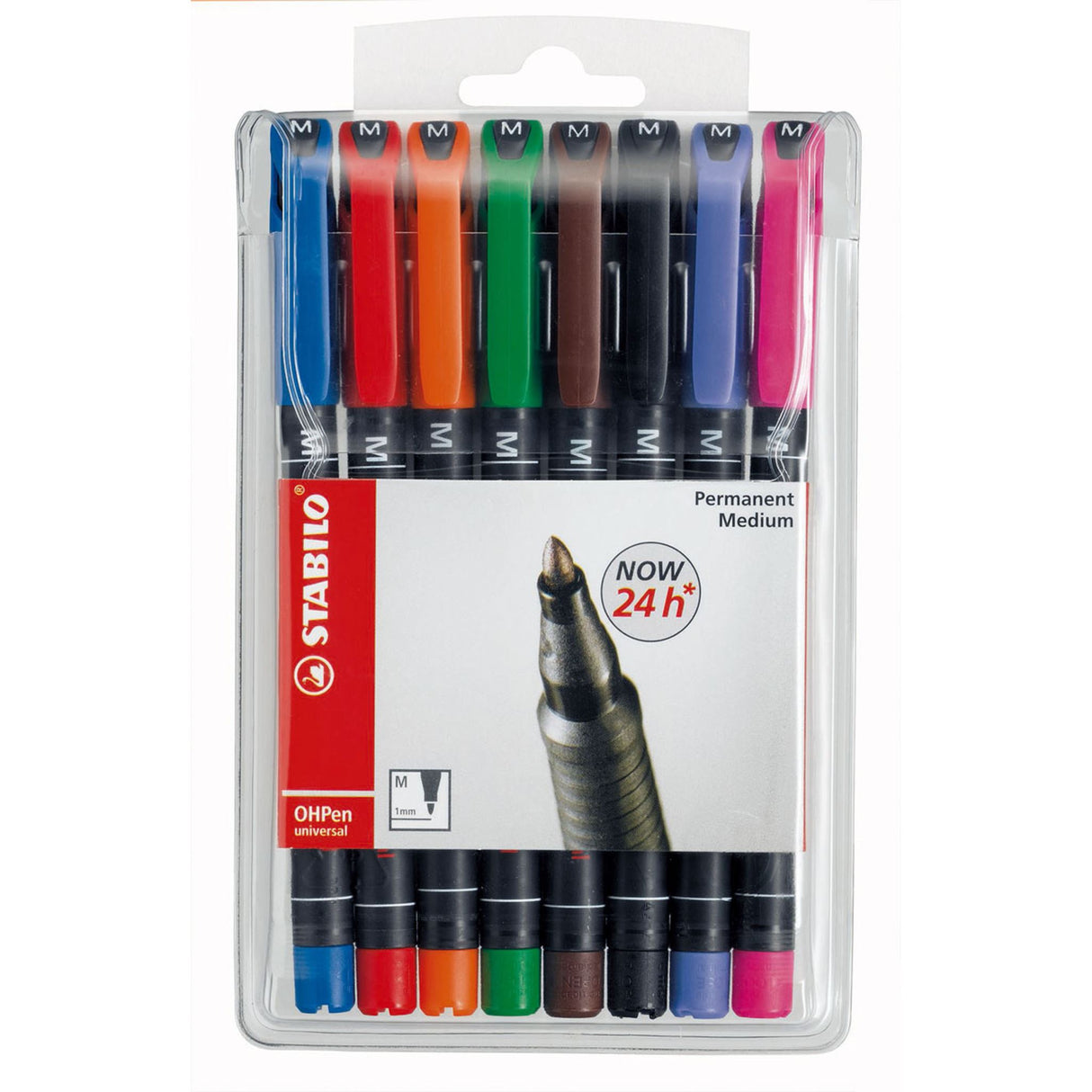 A pack of 10 medium black Stabilo Overhead permanent markers for versatile writing on various surfaces, ideal for artists and educators.