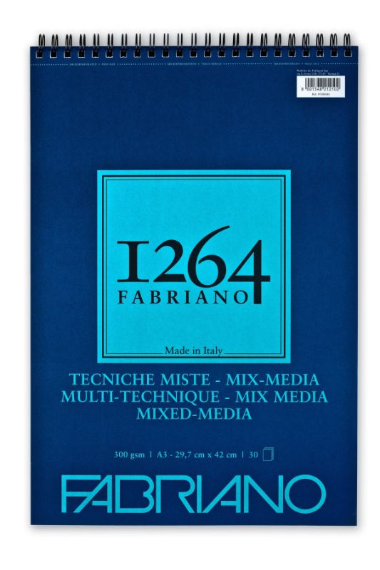 Fabriano 1264 Mix Media Pad, spiral-bound A4, 300gsm, 30 sheets, ideal for diverse dry and wet art techniques.