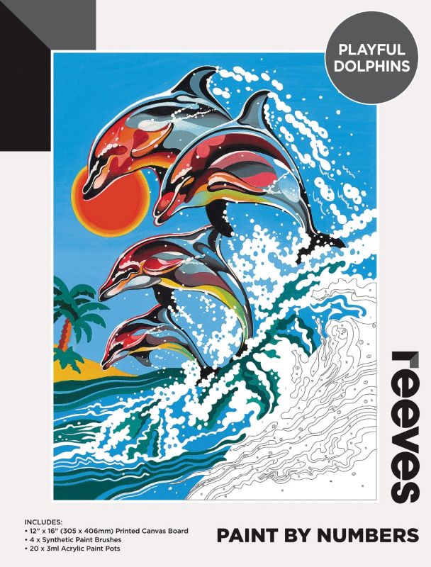 Dolphin-themed paint by numbers kit, 12x16 inches, includes canvas, brushes, and paints for vibrant ocean artwork.