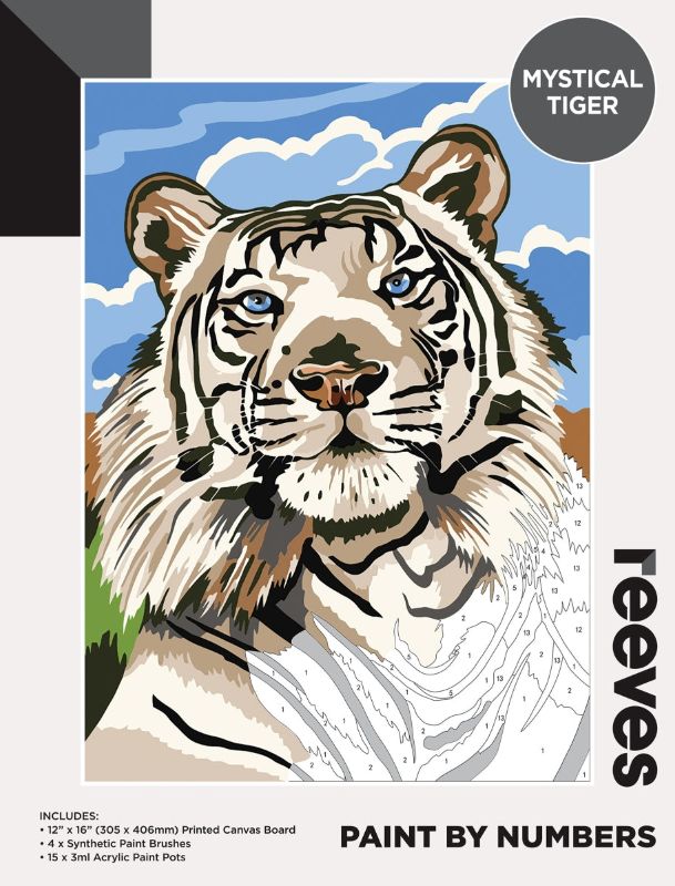 Reeves Paint By Numbers kit featuring a majestic tiger on a 12x16 inch canvas, perfect for beginners and art enthusiasts.