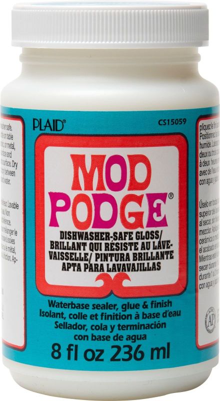 Mod Podge Dishwasher Safe Gloss 16oz bottle, ideal for decoupage projects that withstand the dishwasher with a durable, glossy finish.