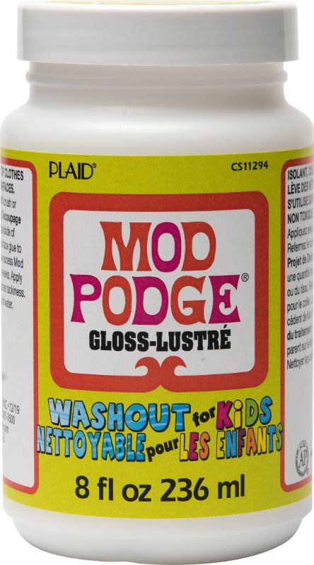 Bright 8oz bottle of Mod Podge Kids Wash Out Gloss, featuring a non-toxic, quick-drying formula for creative crafting fun.