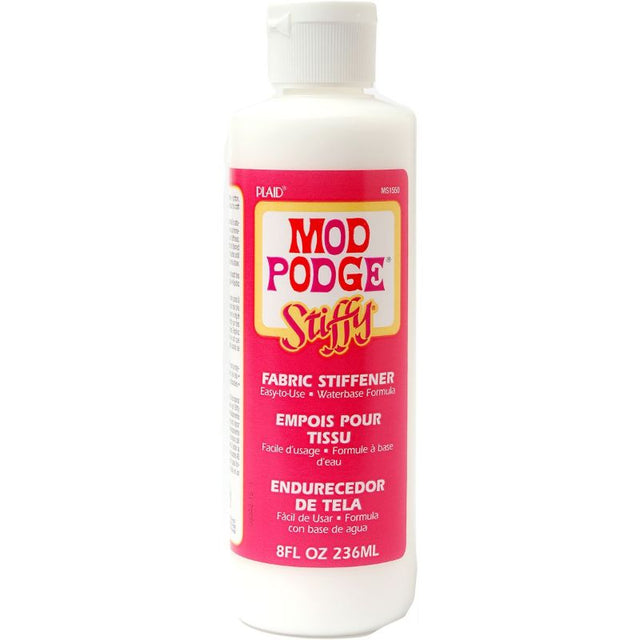 Bottle of Mod Podge Stiffy 8oz, a clear fabric stiffener for crafts, ideal for cotton and other materials, easy to apply and clean.