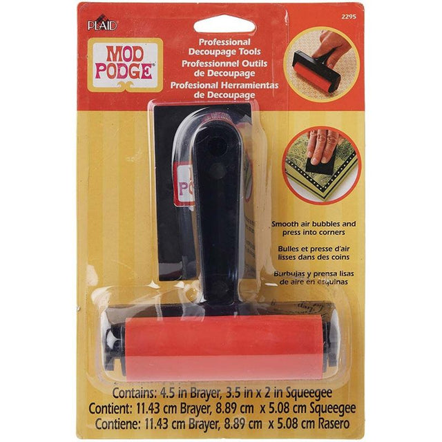 Mod Podge Professional Tool Set featuring a rubber brayer and squeegee, ideal for smoothing decoupage projects effortlessly.