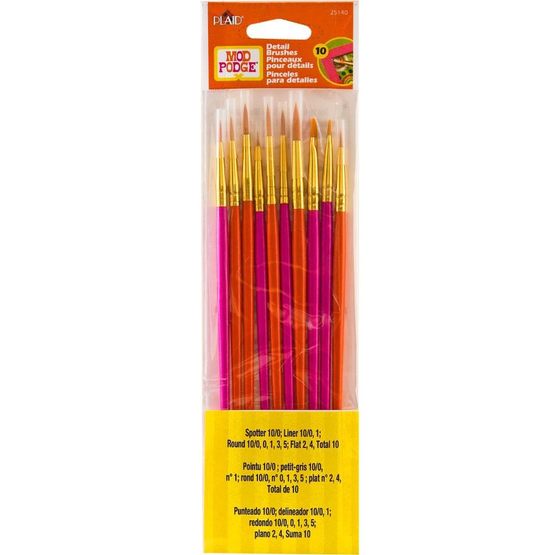 Set of 10 high-quality Mod Podge detail brushes with gold acrylic bristles for smooth, precise application in crafting projects.