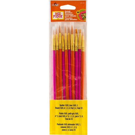 Set of 10 high-quality Mod Podge detail brushes with gold acrylic bristles for smooth, precise application in crafting projects.