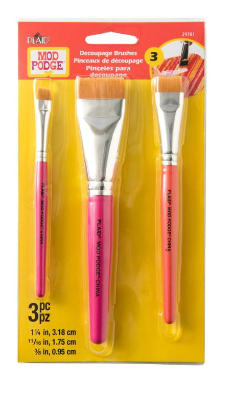 Mod Podge Decoupage Brush Set of 3 with Gold Taklon bristles for smooth application and versatile crafting.