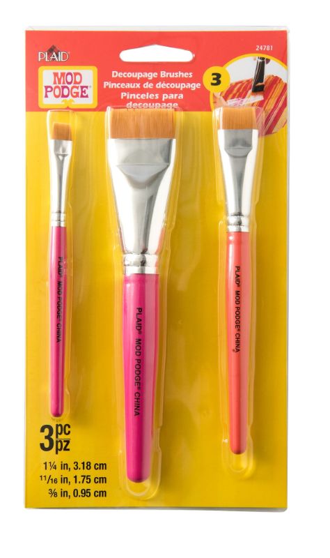 Mod Podge Decoupage Brush Set of 3 with Gold Taklon bristles for smooth application and versatile crafting.