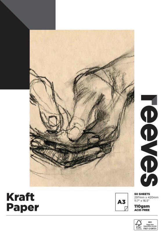 Reeves Kraft Pad with 50 sheets of 120gsm acid-free paper, ideal for drawing and sketching in various media.