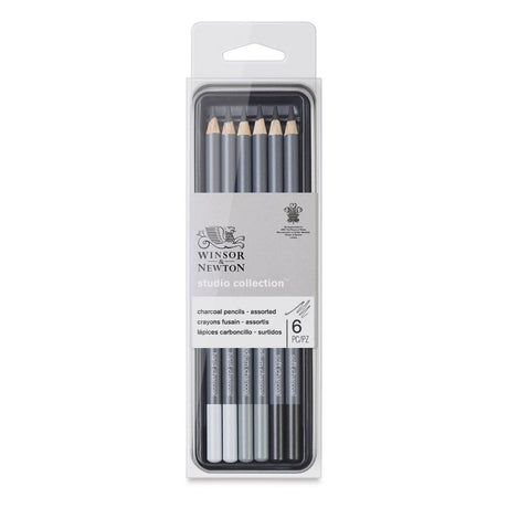 A stylish tin of 6 Winsor & Newton charcoal pencils in soft, medium, and hard for rich, expressive drawing tones.