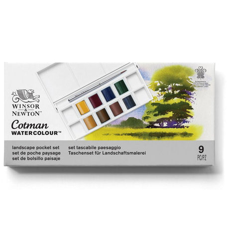 Compact watercolor set with 8 vibrant Cotman colors, travel brush, and floral-themed design for on-the-go artistry.