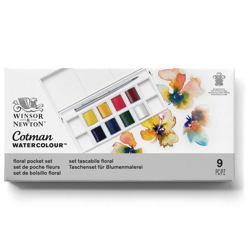 WINSOR & NEWTON Cotman Watercolour Pocket Set with 8 vibrant colours, travel brush, and customizable palette for artists.