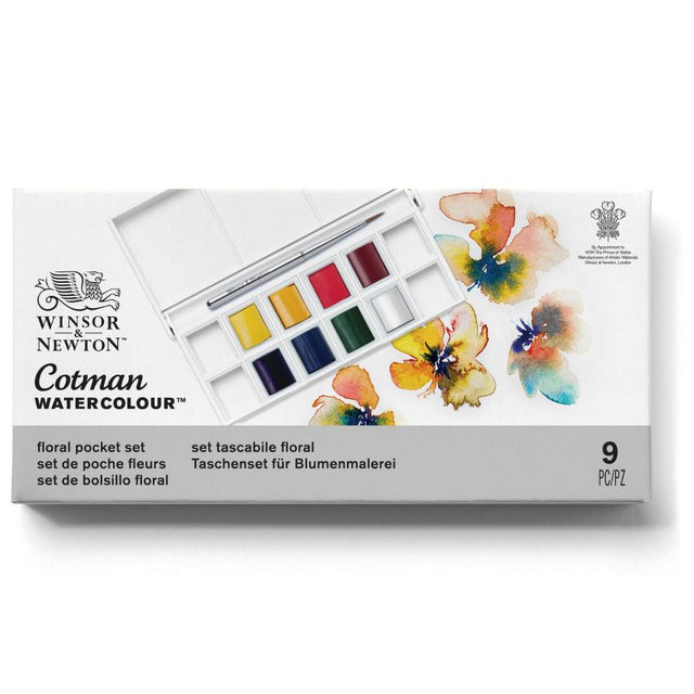 WINSOR & NEWTON Cotman Watercolour Pocket Set with 8 vibrant colours, travel brush, and customizable palette for artists.