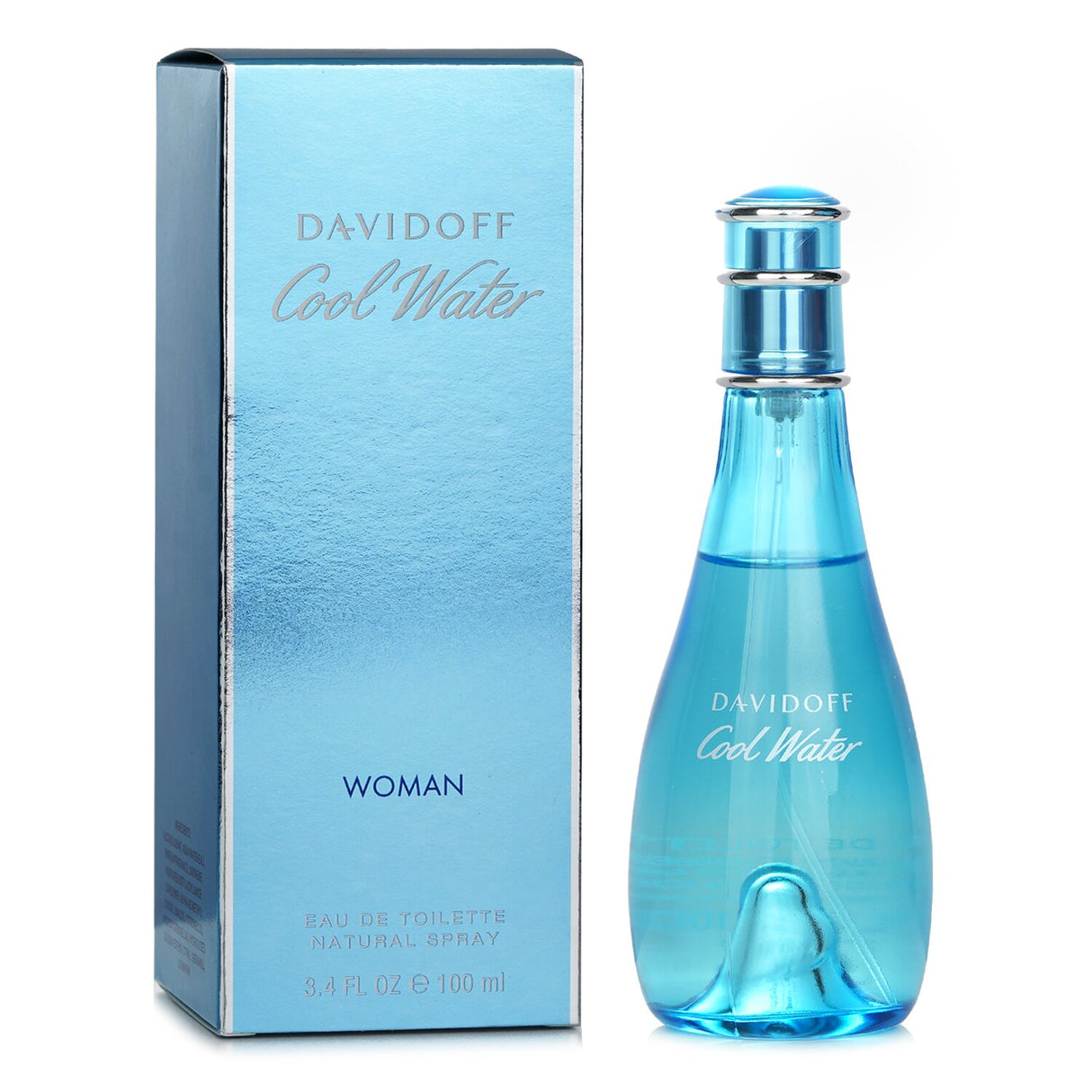 Davidoff Cool Water Eau De Toilette Spray in a 100ml bottle, showcasing a refreshing floral aquatic scent for modern women.