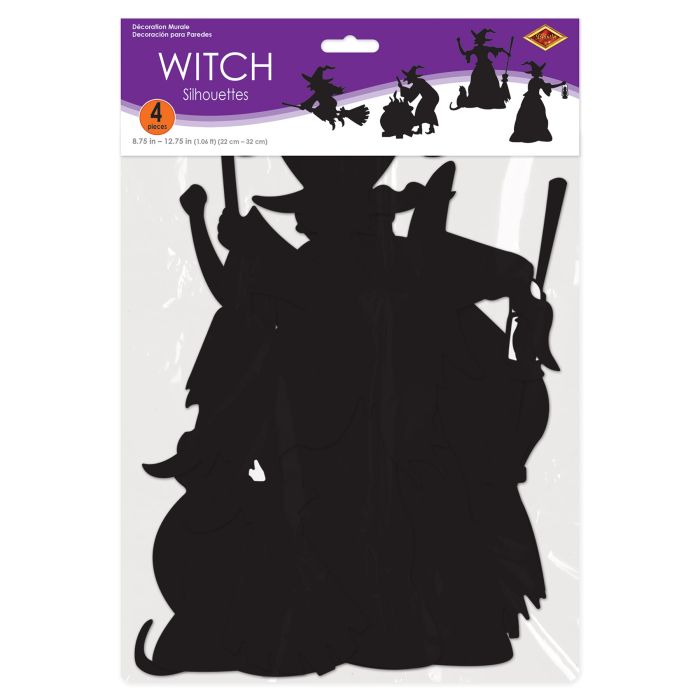 Four enchanting Beistle witch silhouettes in varying sizes for Halloween decor, ideal for indoor and outdoor celebrations.