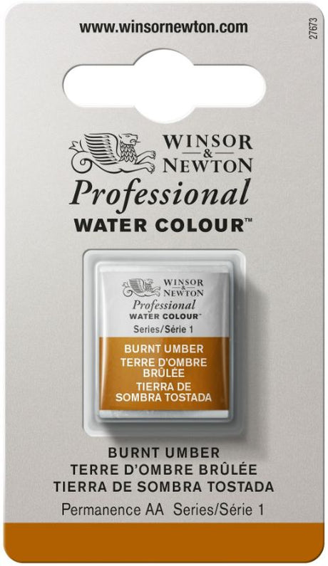 Winsor & Newton Burnt Sienna watercolor half pan, offering vibrant, transparent color for professional artistic excellence.