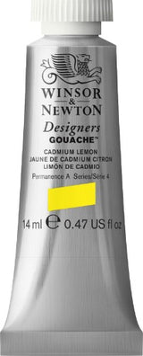 14ml tube of vibrant Cadmium Yellow Pale gouache paint by Winsor & Newton, ideal for designers and illustrators.