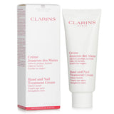 Hydrating hand cream from Clarins, enriched to protect hands, strengthen nails, and minimize age spots, in a 100ml tube.