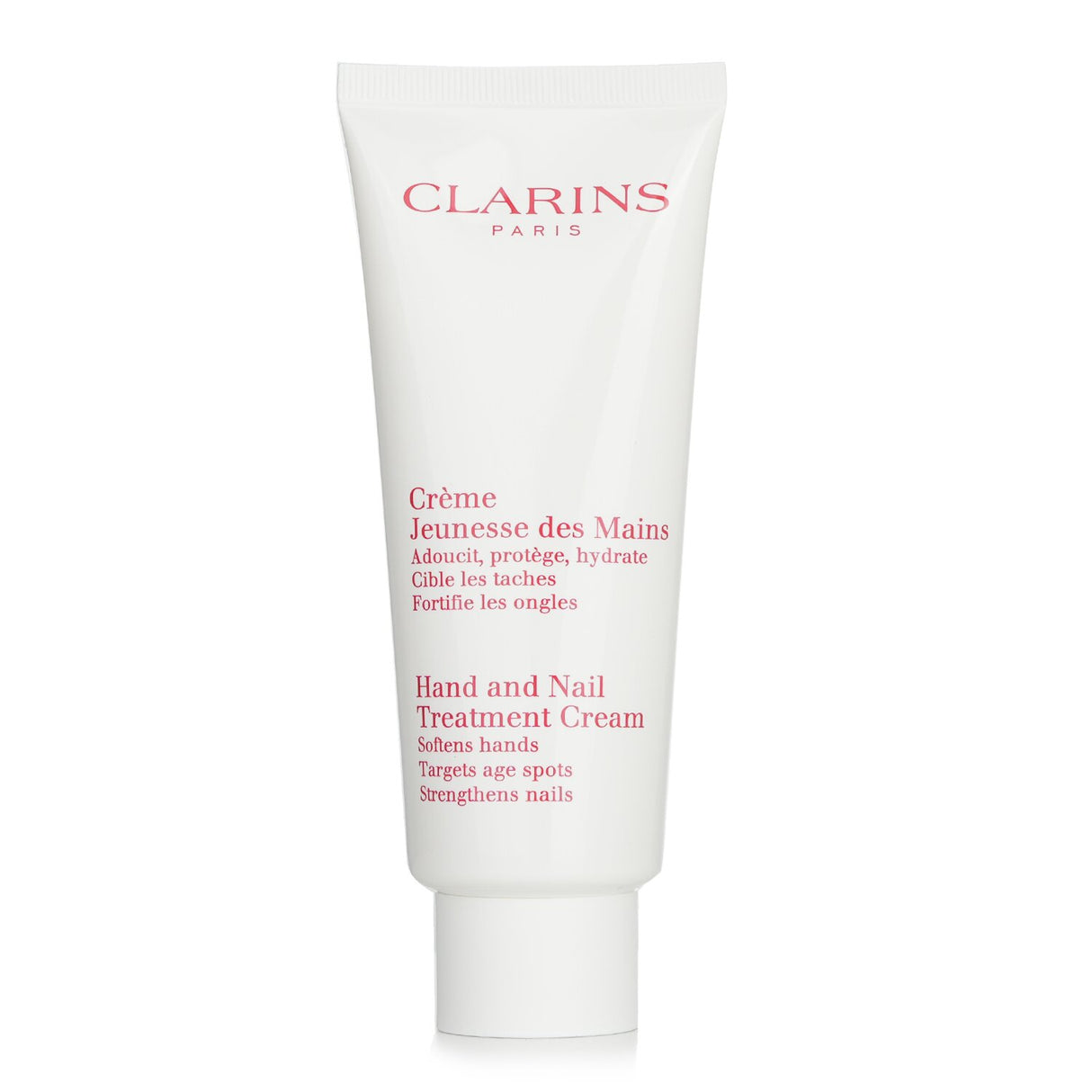 Clarins Hand & Nail Treatment Cream, 100ml, for hydrating, protecting hands and strengthening nails while minimizing age spots.