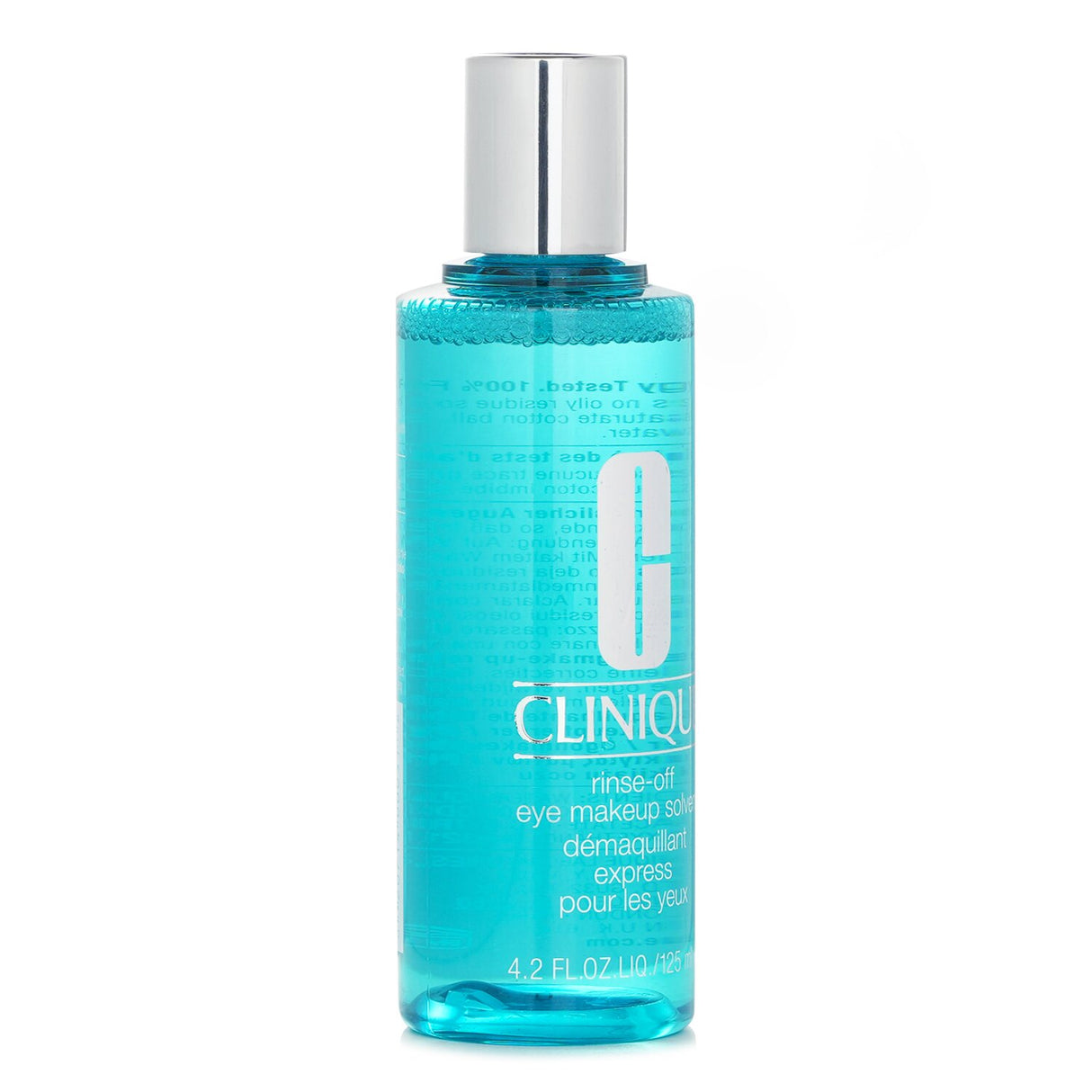 Clinique Rinse Off Eye Makeup Solvent in 125ml, gently dissolves makeup for soft, clean skin, suitable for sensitive eyes.