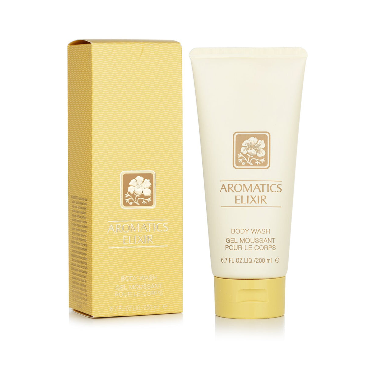 Luxurious gold gel body wash infused with Aromatics Elixir fragrance for a refreshing cleanse in shower or bath.