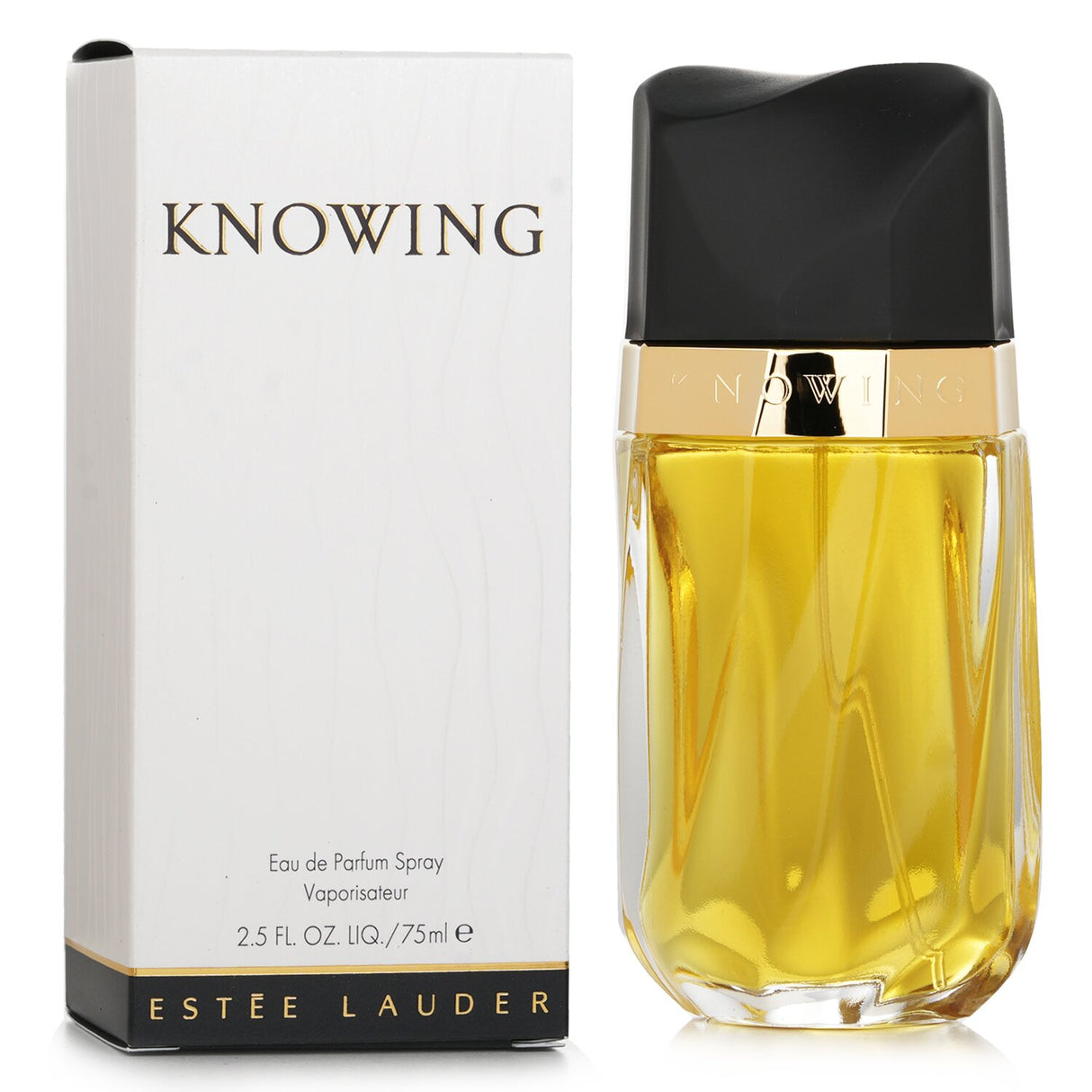 A 75ml bottle of Estee Lauder Knowing Eau De Parfum, featuring floral and woody notes for modern women, perfect for fall and winter.