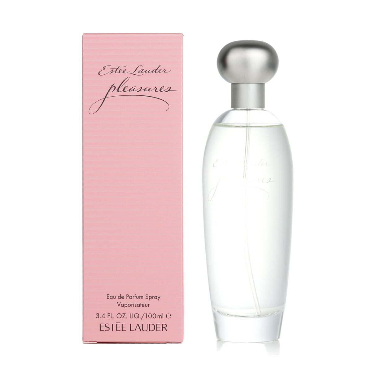 Estee Lauder Pleasures Eau De Parfum 100ml featuring floral notes of lily, violet, lilac, and a warm sandalwood base.