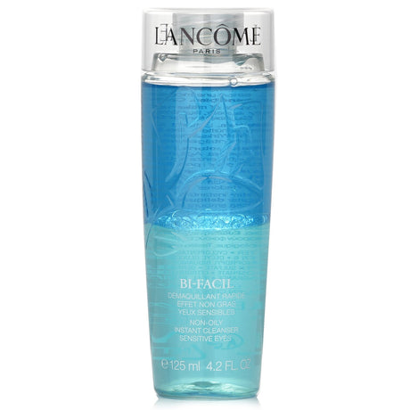 Lancôme Bi-Facil 125ml eye makeup remover bottle, dual-phase formula for gentle, effective cleansing, suitable for sensitive eyes.