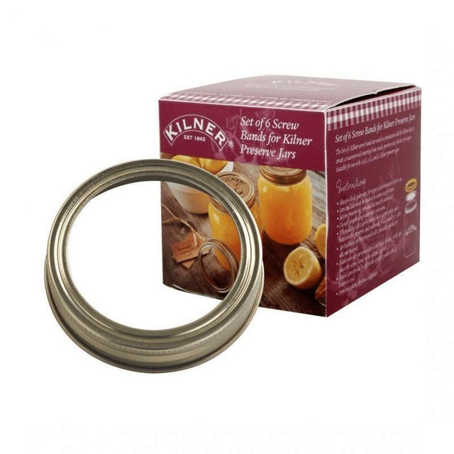 Kilner Genuine Screw Bands Set of 6, durable steel bands for an airtight seal on Kilner jars, reusable up to 10 times.