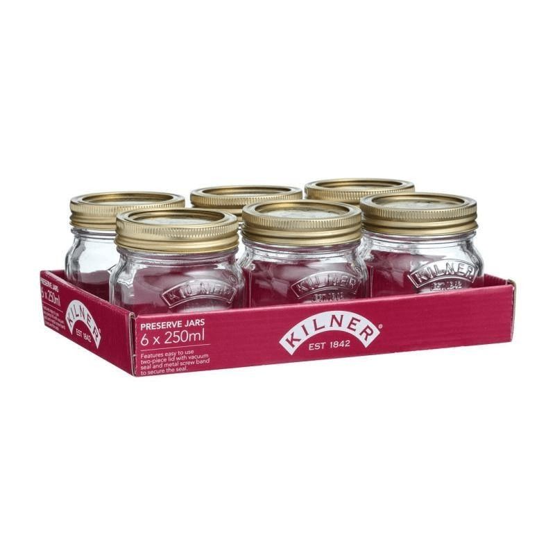 Set of 6 Kilner 250ml preserve jars with metal lids, perfect for stylishly preserving jams, chutneys, and pickles.