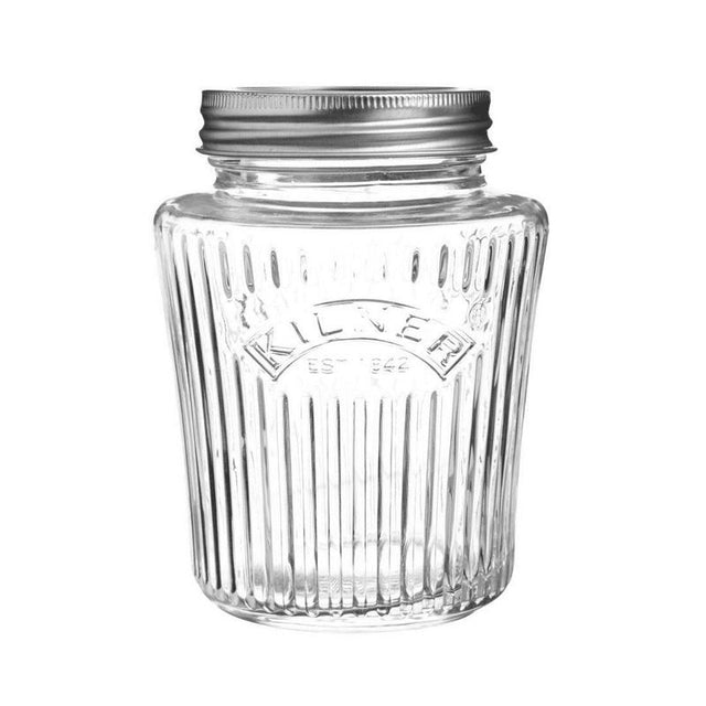 Kilner Vintage Preserve Jar: 500ml clear glass jar with embossed detail and two-piece vacuum lid for preserving fruits and veggies.