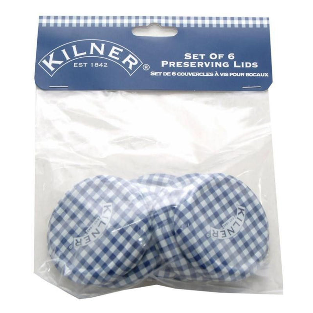 Kilner Twist Top Lids Set of 6 features charming blue and white gingham design for preserving jams and pickles securely.