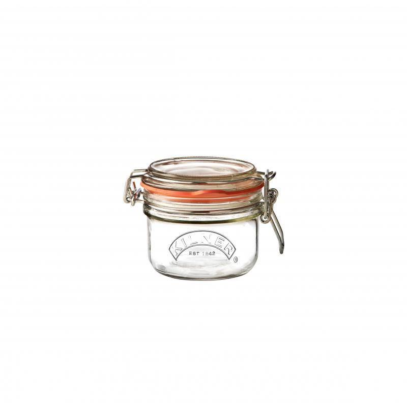 Kilner 125ml round clip top jar in clear glass, perfect for storing dry foods and preserving jams, chutneys, and fruits.