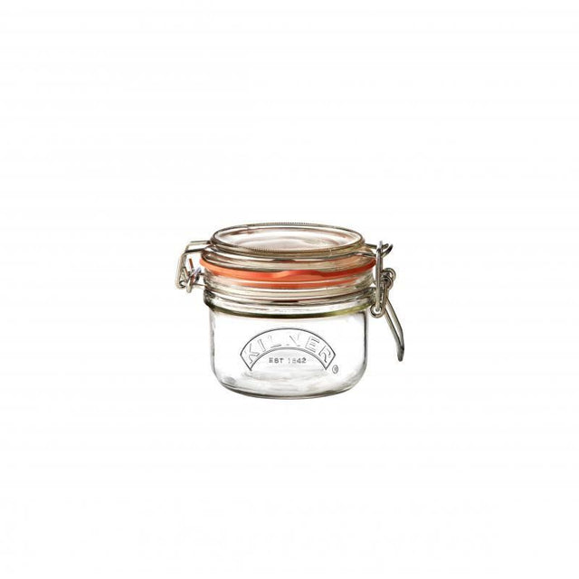 Kilner 125ml round clip top jar in clear glass, perfect for storing dry foods and preserving jams, chutneys, and fruits.