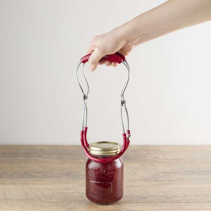 Kilner jar tongs in stainless steel with heat-resistant grip, spring-loaded hinge, and locking clasp for safe jar lifting.