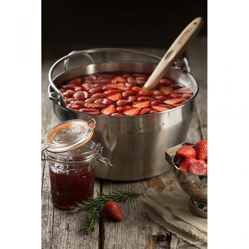 Kilner 8L stainless steel jam pan with easy-grip handles and encapsulated base, perfect for making jams and preserves.