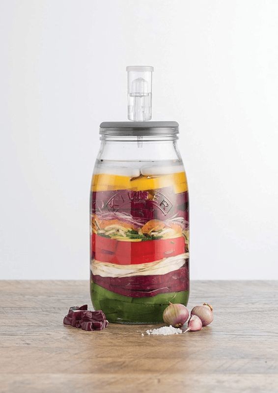 Kilner Fermentation Set 3 Litre: glass jar, silicone lid, airlock, and stones for making probiotic-rich foods at home.