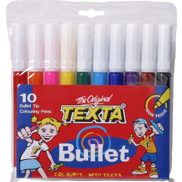 Texta Bullet Tip Colouring Marker Wallet with 10 vibrant, non-toxic markers for precise detailing and creative projects.