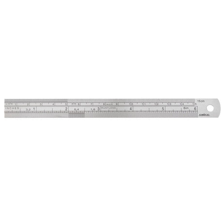 Stainless steel Celco 15cm ruler featuring metric measurements, ideal for dressmaking and technical drawing, with a printed conversion table.