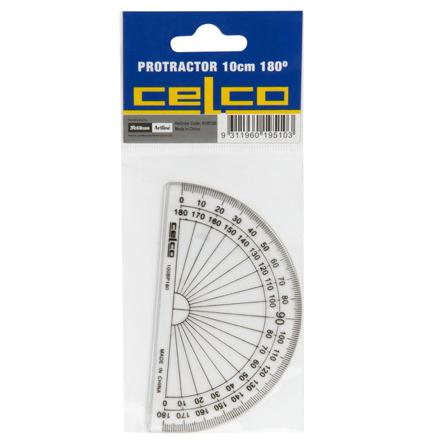 Clear 10cm Celco protractor with opposite graduations, center indicator, and bevelled edge for precise measurements.