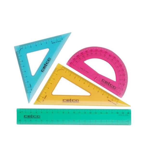 Celco Geometry Set Large with vibrant tools: ruler, protractor, and set squares, all in a durable, convenient wallet.