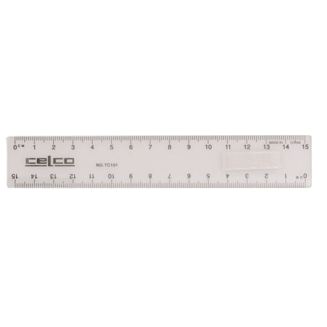 Clear 15cm Celco ruler made from durable plastic, featuring easy-to-read metric and imperial markings for precise measurements.