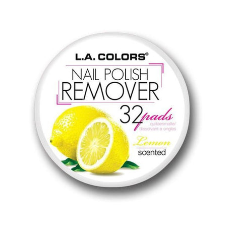 LA Colors Lemon Nail Polish Remover Pads in a pot, featuring 32 acetone-free pads with a refreshing lemon scent for gentle removal.