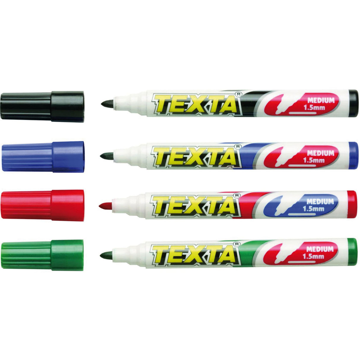 Texta Whiteboard Marker Black Box: 12 vibrant, non-toxic markers for clear writing on enamel and melamine boards.